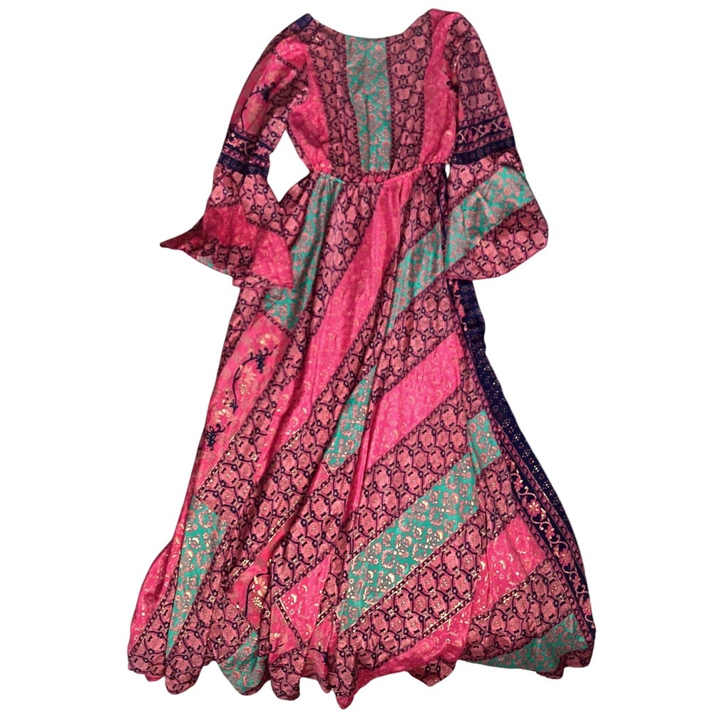 India Boutique Maxi Dress Womens Large Pink Good Boho Patchwork Bell Sleeve L - Picture 4 of 9